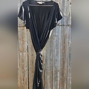 3X, Max Studio, Black Polyester Wrap Dress, Ruffled Short Sleeves